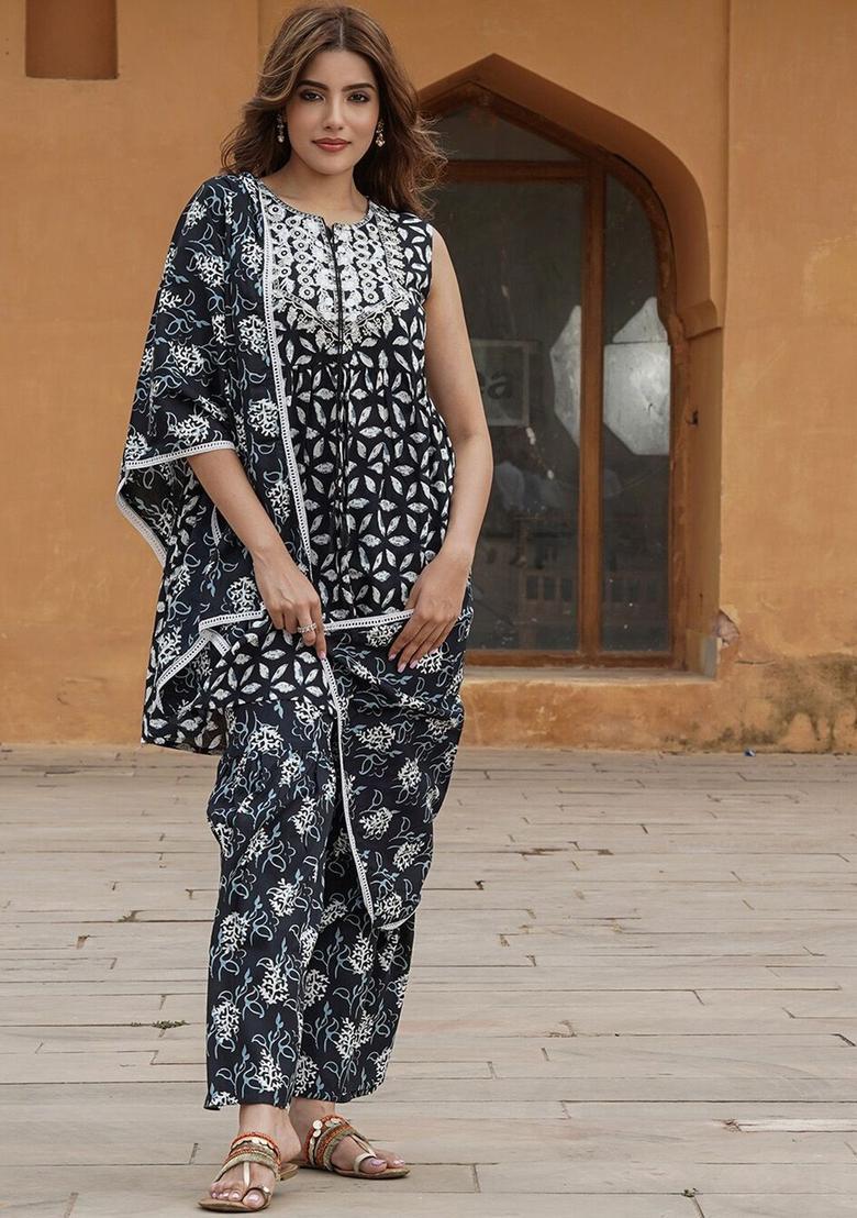 Black Printed Viscose Kurta Set - Indya