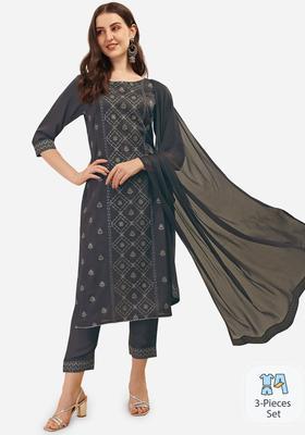 Grey Printed Silk Kurta Set
