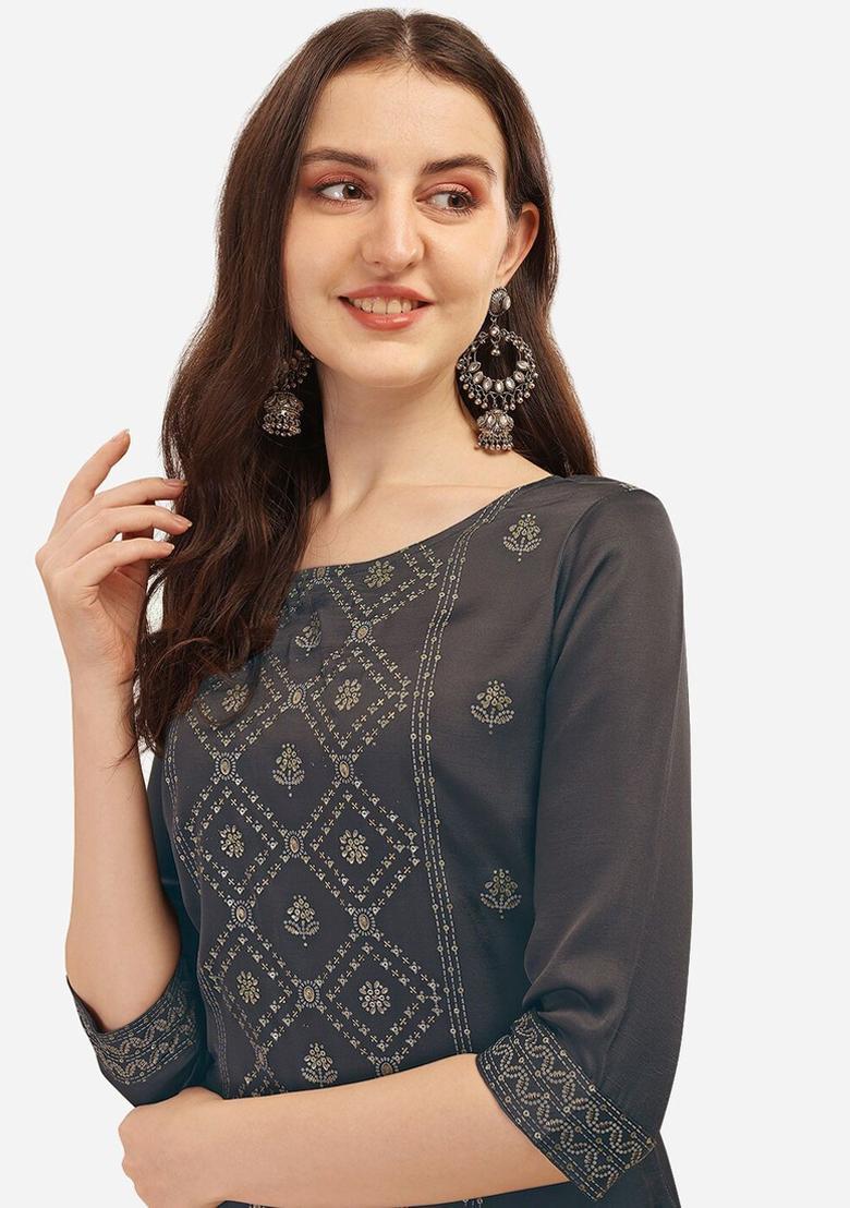 Grey Printed Silk Kurta Set - Indya
