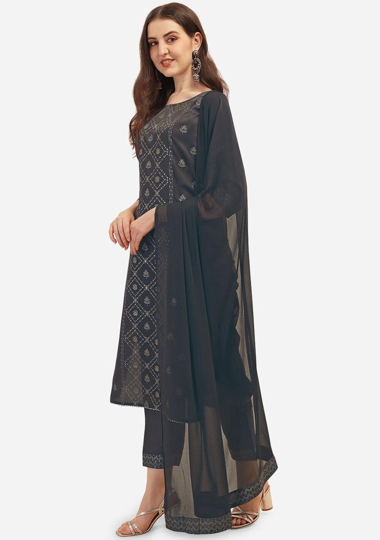 Grey Printed Silk Kurta Set - Indya
