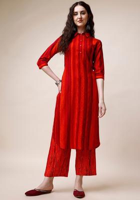 Red Striped Viscose Kurta Set