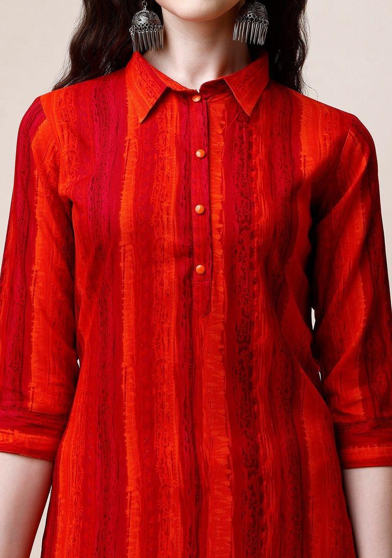 Red Striped Viscose Kurta Set - Indya