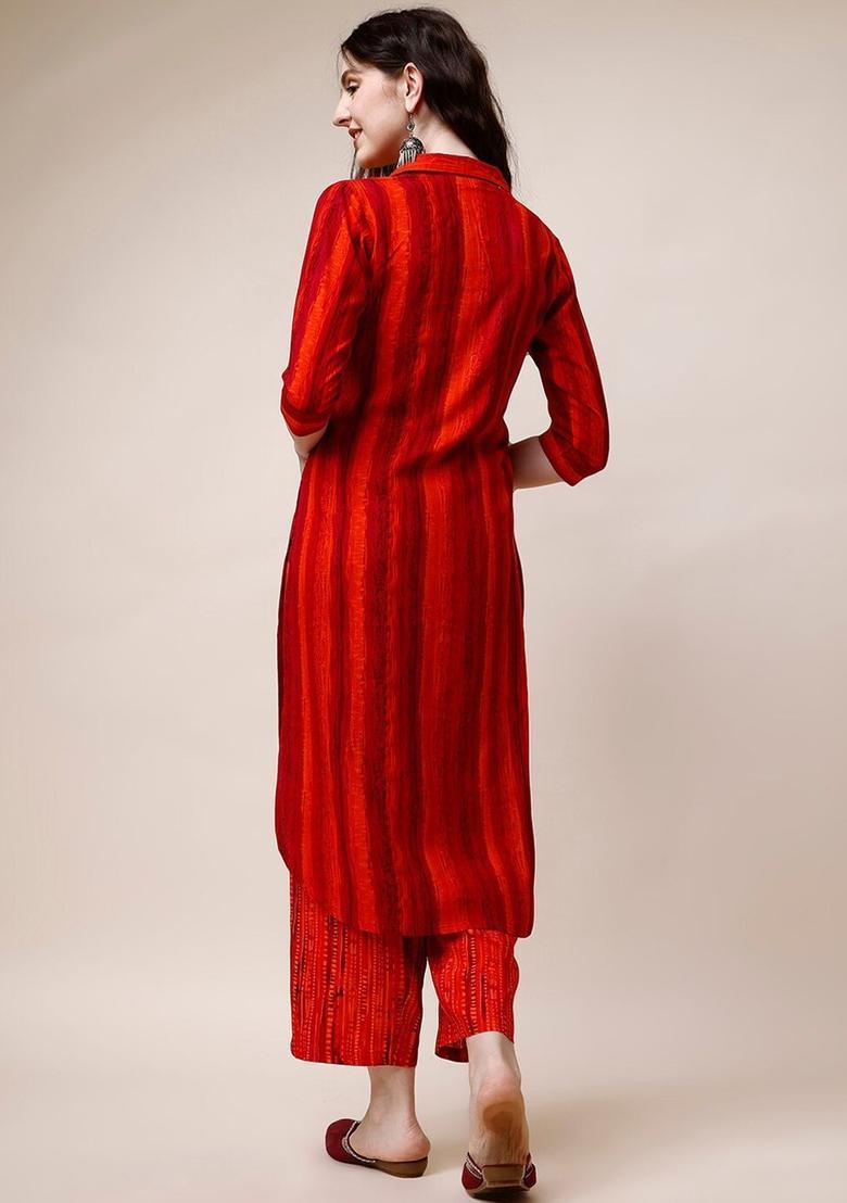 Red Striped Viscose Kurta Set - Indya