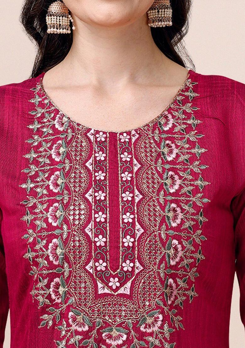 Pink Embroidered Cotton Kurta Set - Indya