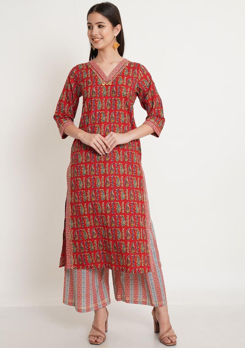 Red Printed Cotton Kurta Set - Indya