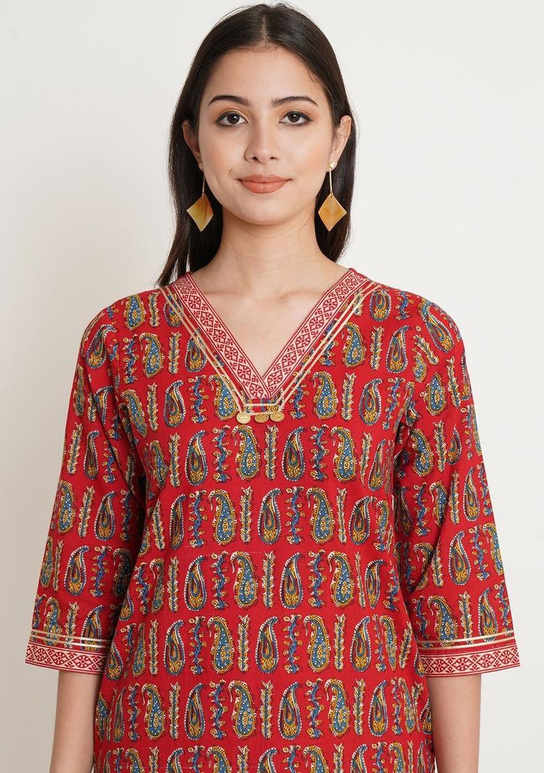 Red Printed Cotton Kurta Set - Indya