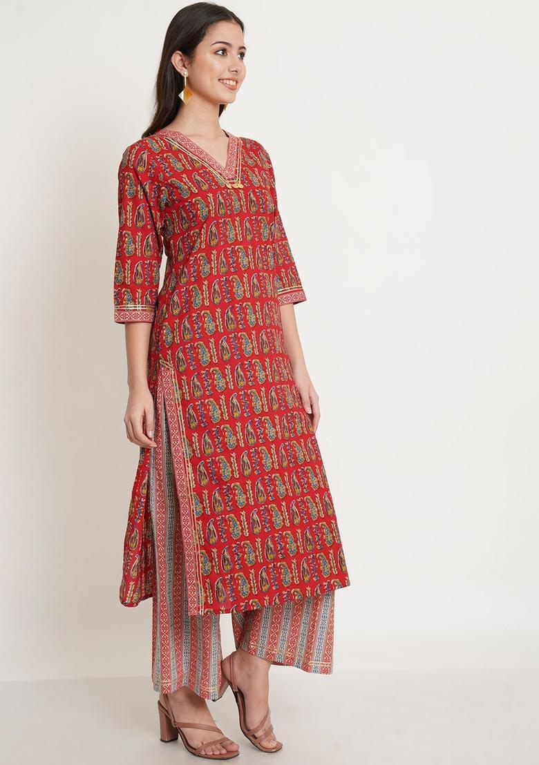 Red Printed Cotton Kurta Set - Indya