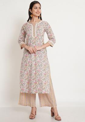 White Printed Cotton Kurta Set
