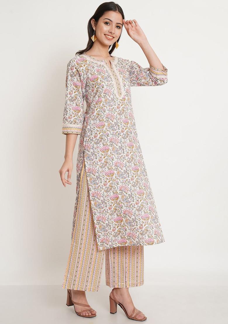 White Printed Cotton Kurta Set - Indya