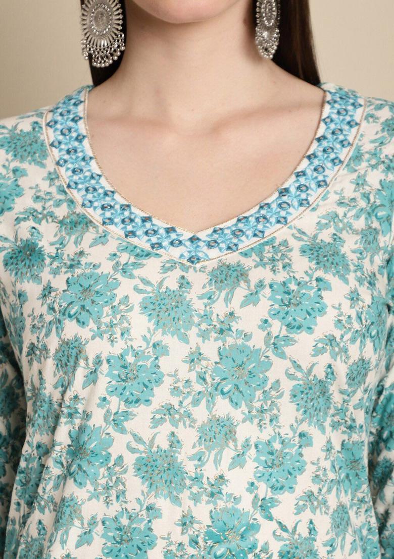 White Printed Viscose Kurta Set - Indya