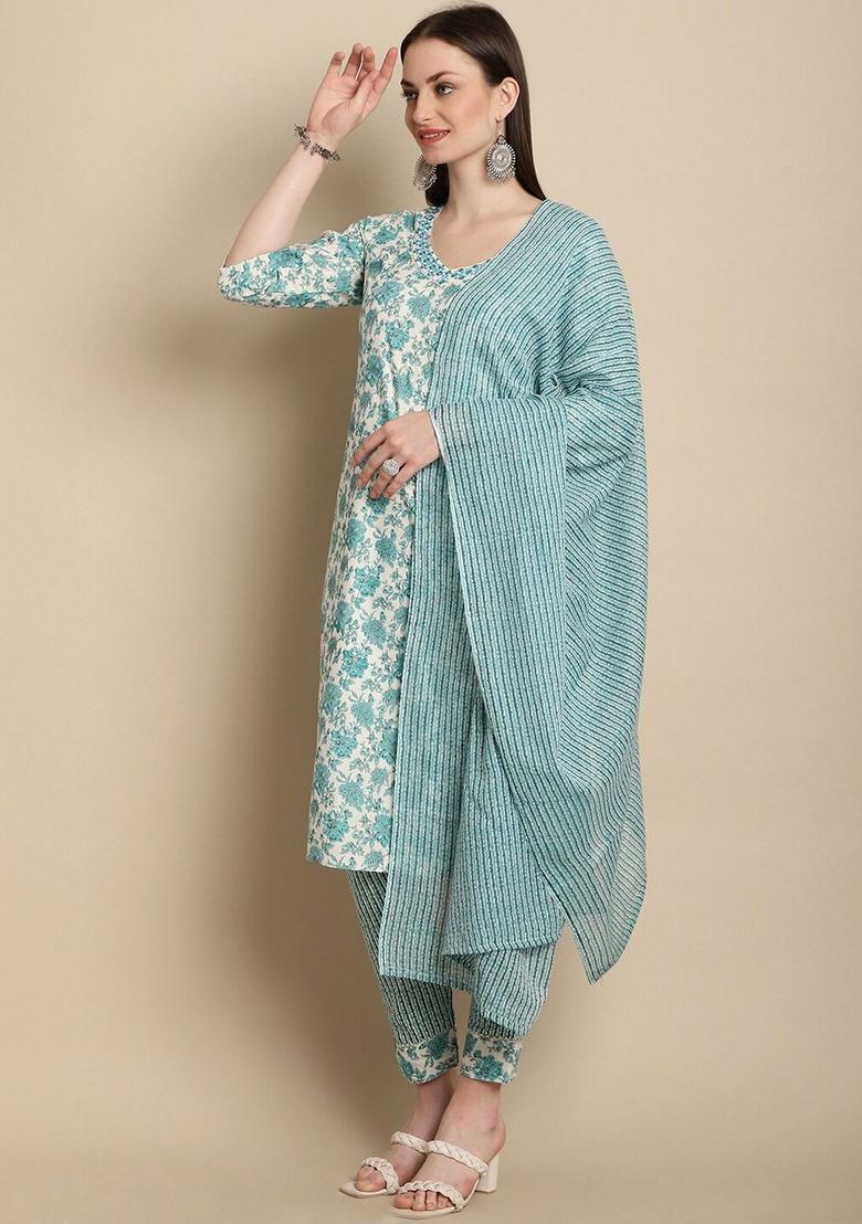 White Printed Viscose Kurta Set - Indya