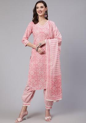 Peach Printed Cotton Kurta Set