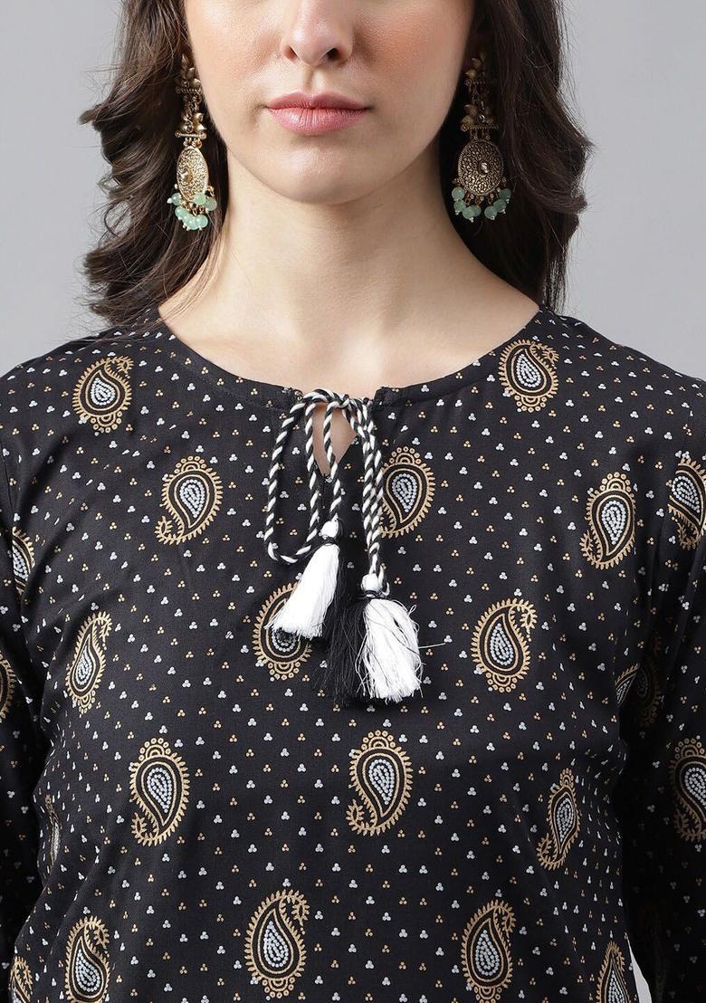 Black Printed Viscose Kurta Set - Indya