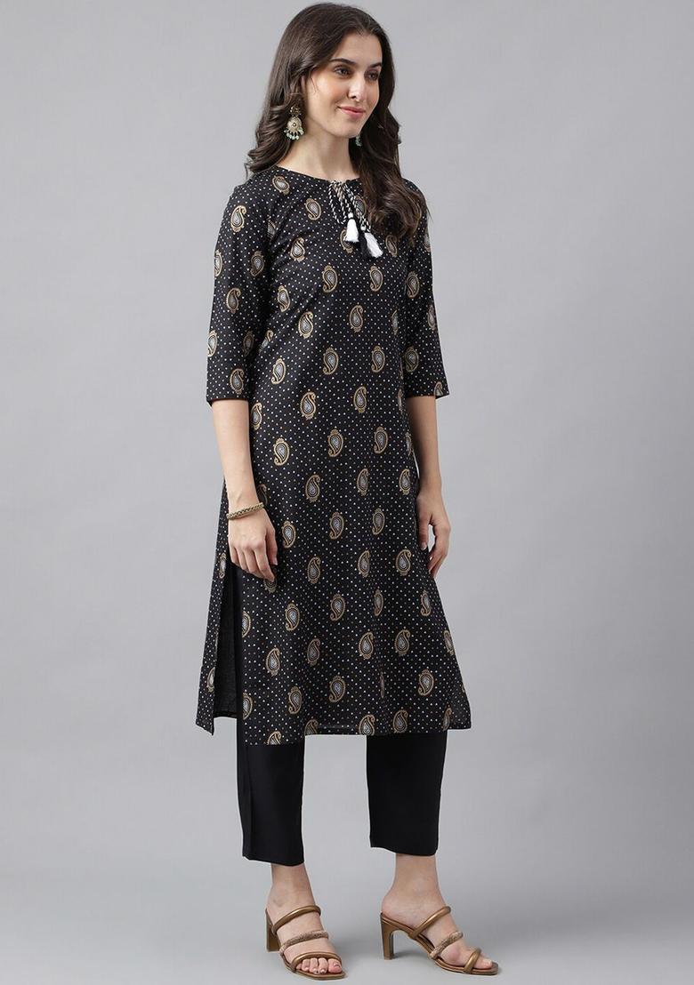 Black Printed Viscose Kurta Set - Indya