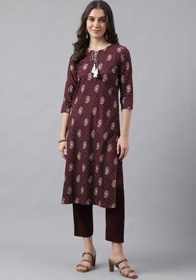 Brown Printed Viscose Kurta Set