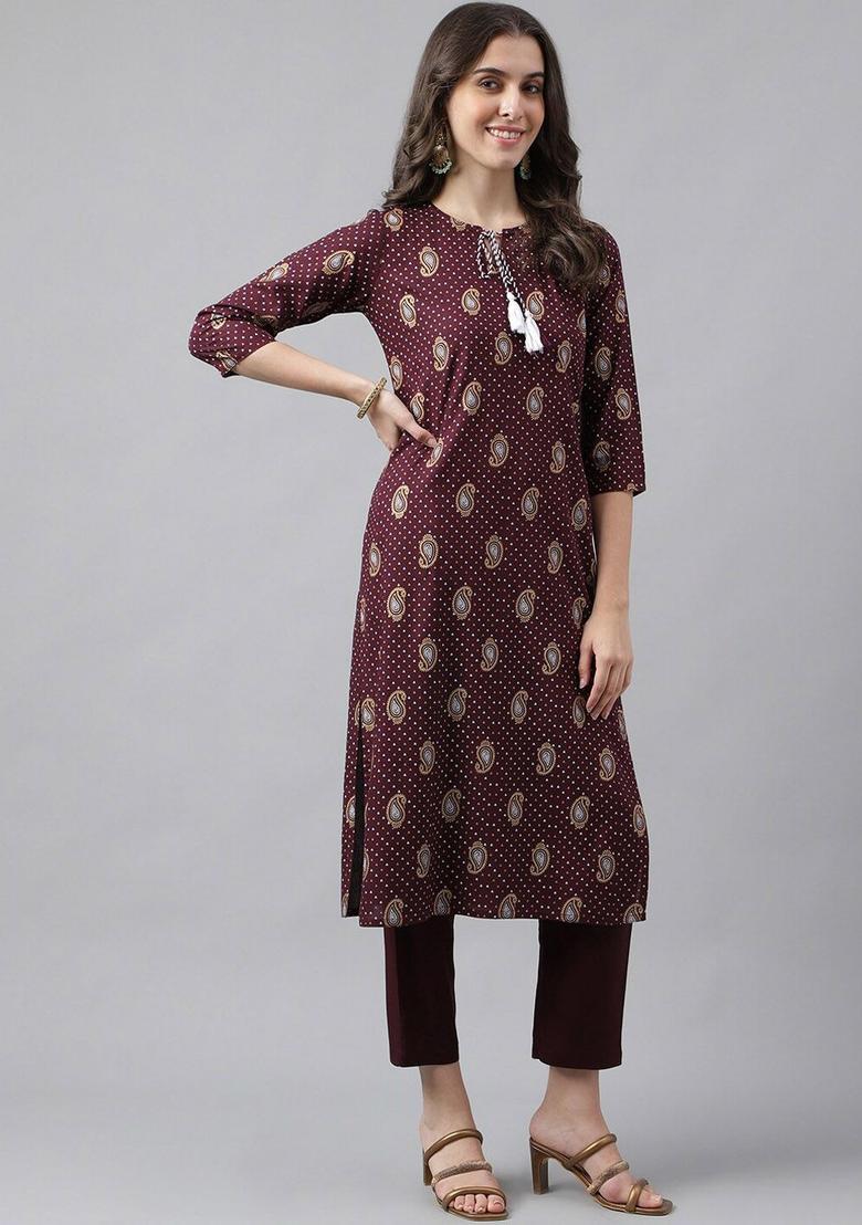 Brown Printed Viscose Kurta Set - Indya