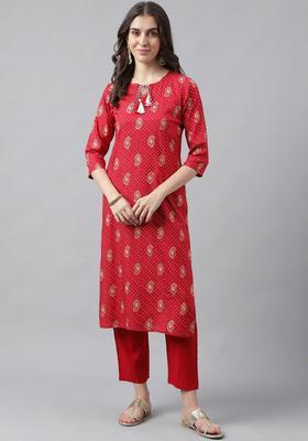 Red Printed Viscose Kurta Set