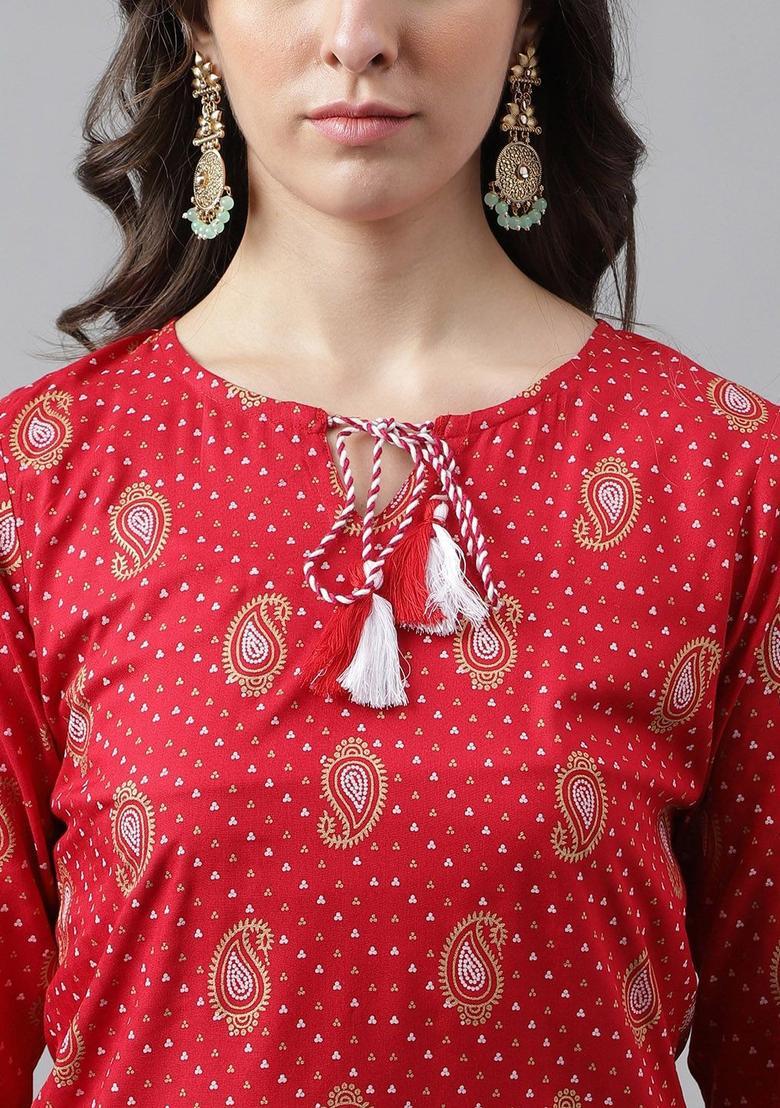 Red Printed Viscose Kurta Set - Indya