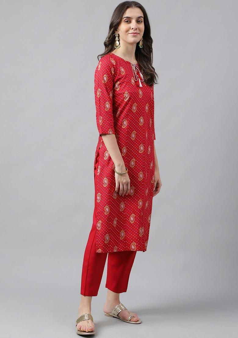 Red Printed Viscose Kurta Set - Indya