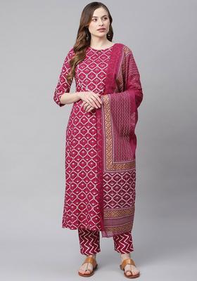 Pink Printed Viscose Kurta Set