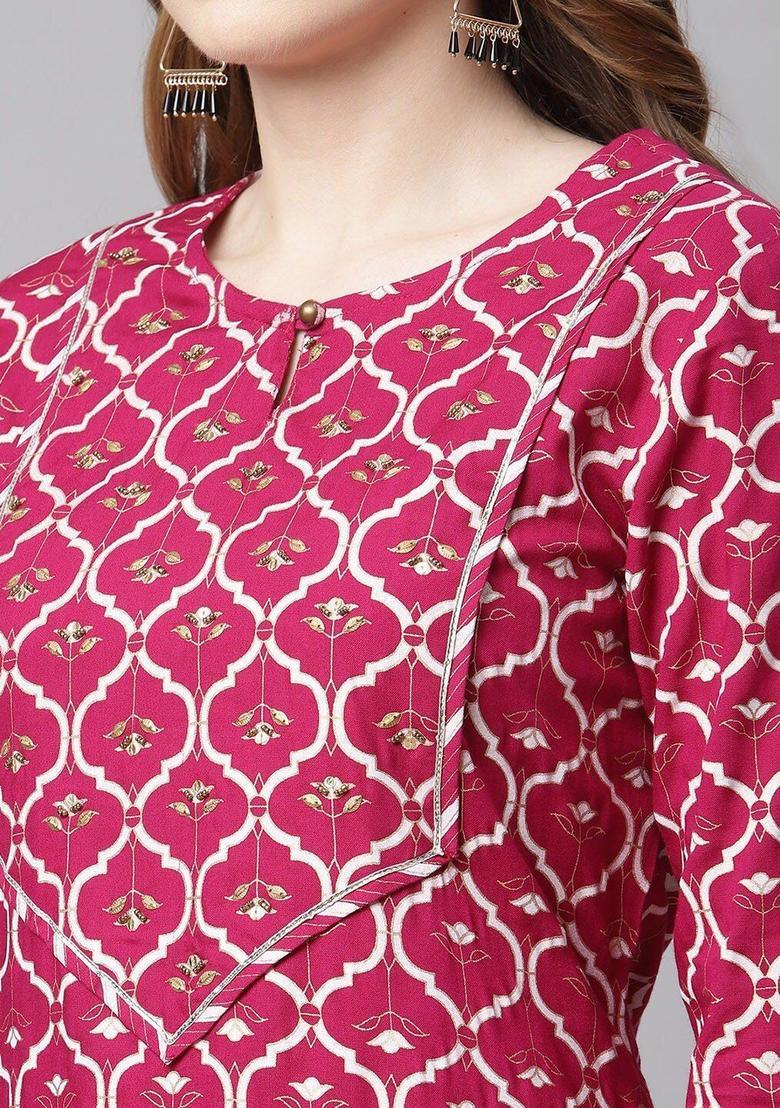 Pink Printed Viscose Kurta Set - Indya