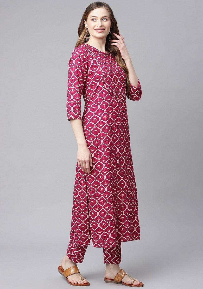 Pink Printed Viscose Kurta Set - Indya