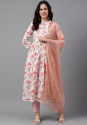 White Printed Cotton Anarkali Set
