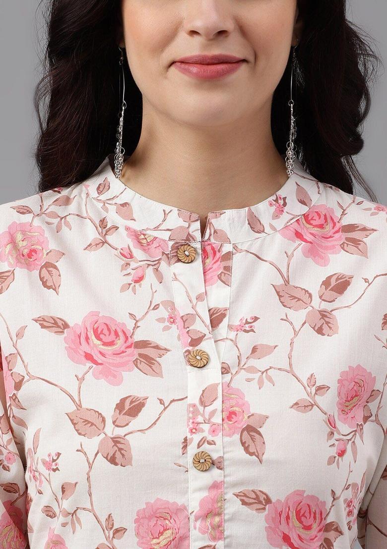 White Printed Cotton Anarkali Set - Indya