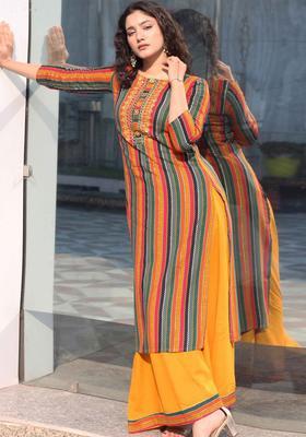 Yellow Striped Viscose Kurta Set