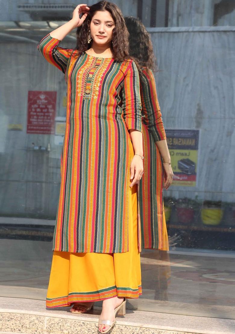 Yellow Striped Viscose Kurta Set - Indya