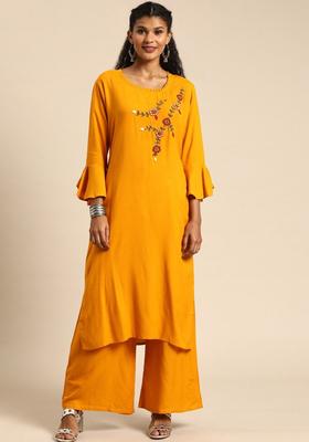 Mustard Embroidered Viscose Kurta Set
