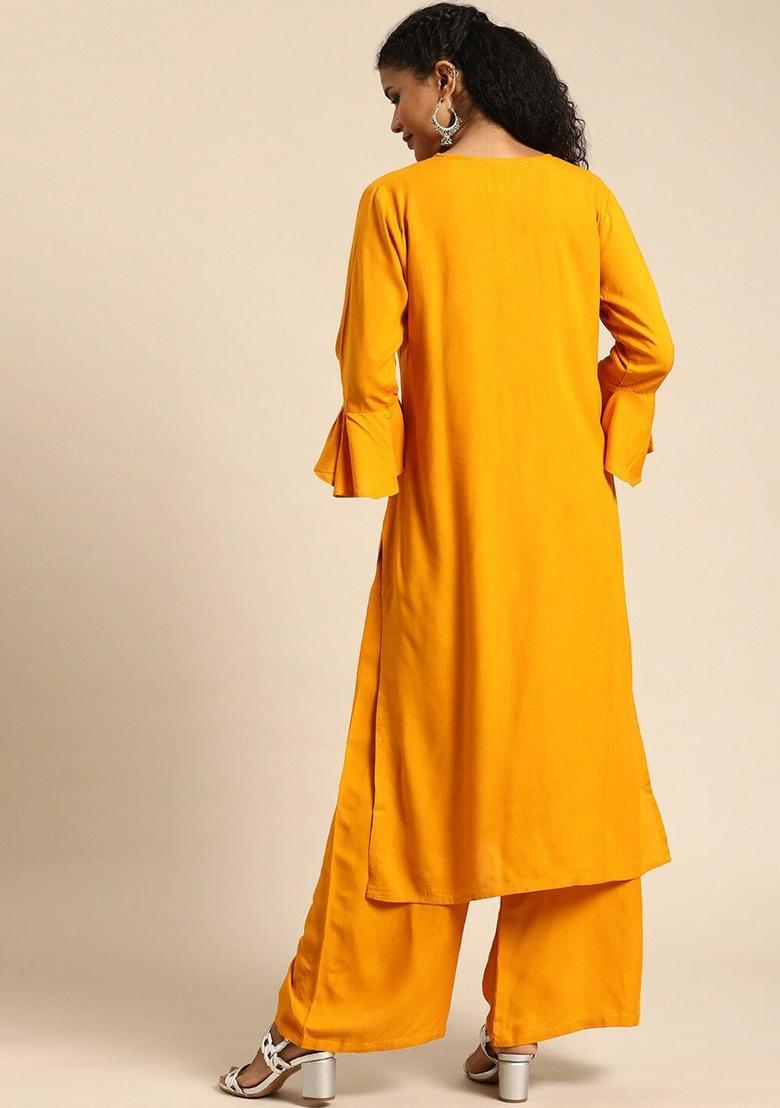 Mustard Embroidered Viscose Kurta Set - Indya