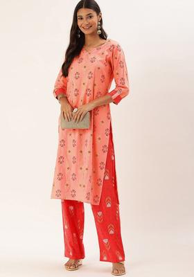 Peach Printed Cotton Kurta Set