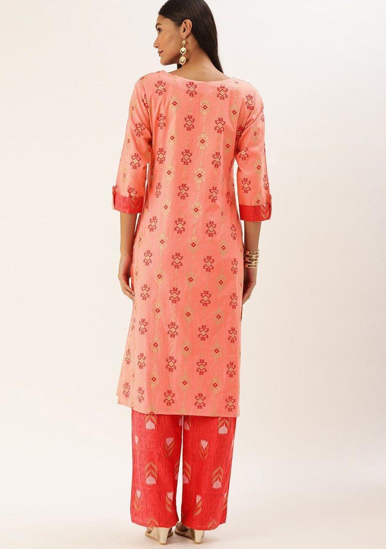 Peach Printed Cotton Kurta Set - Indya