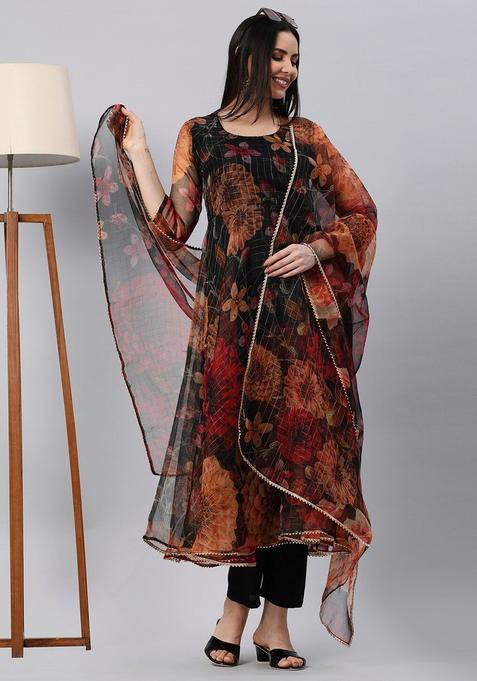Black Printed Cotton Anarkali Set — view on Indya