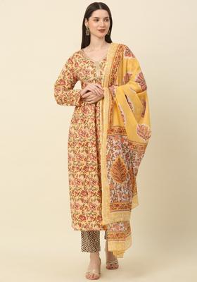 Yellow Printed Cotton Kurta Set