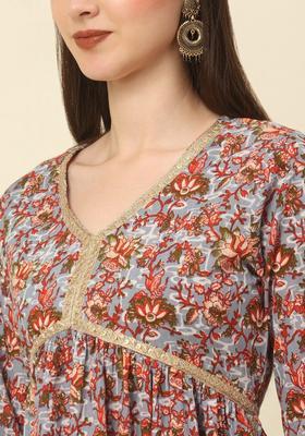Grey Printed Cotton Kurta Set