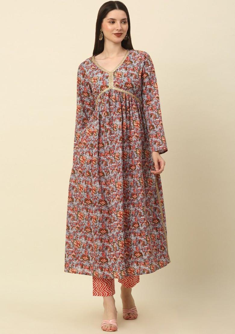 Grey Printed Cotton Kurta Set - Indya