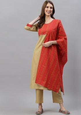 Beige Yoke Design Cotton Kurta Set