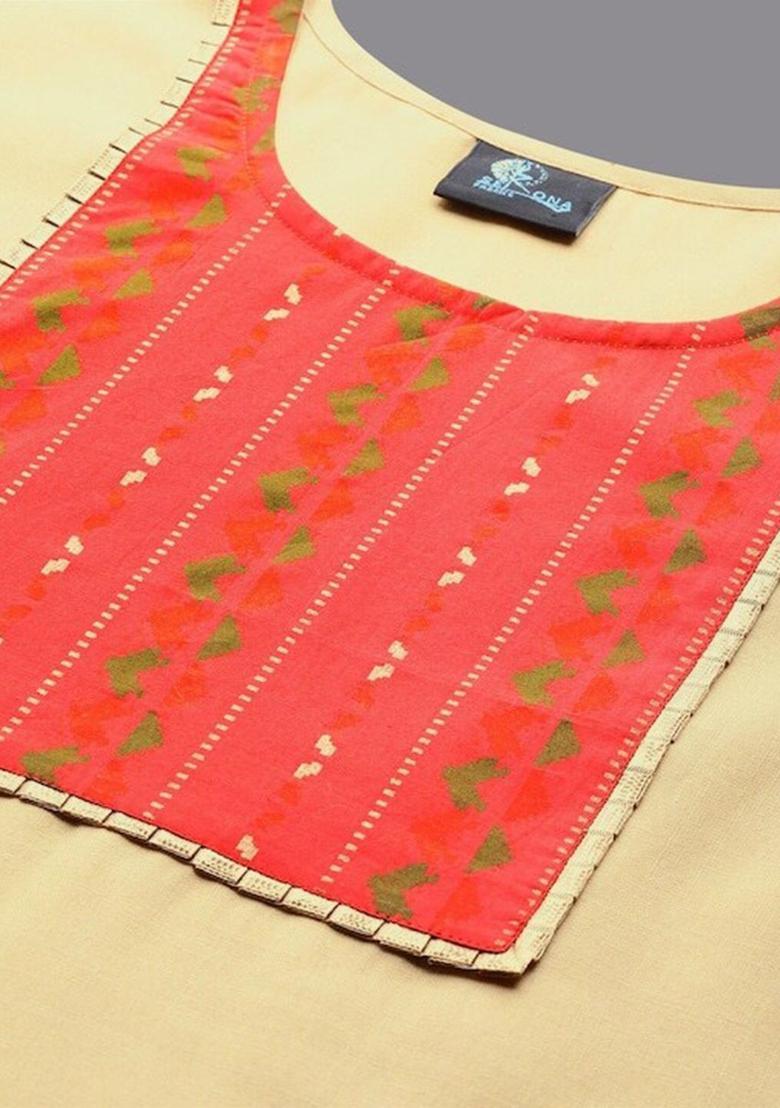Beige Yoke Design Cotton Kurta Set - Indya
