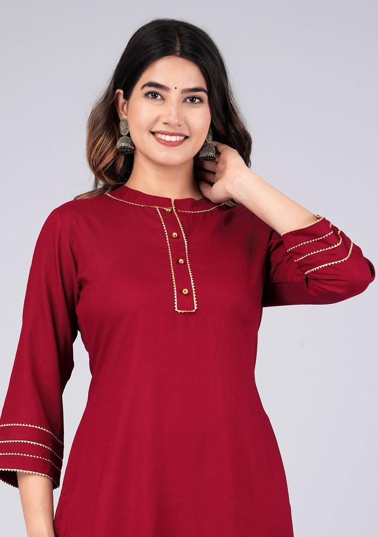 Maroon Solid Viscose Kurta Set - Indya