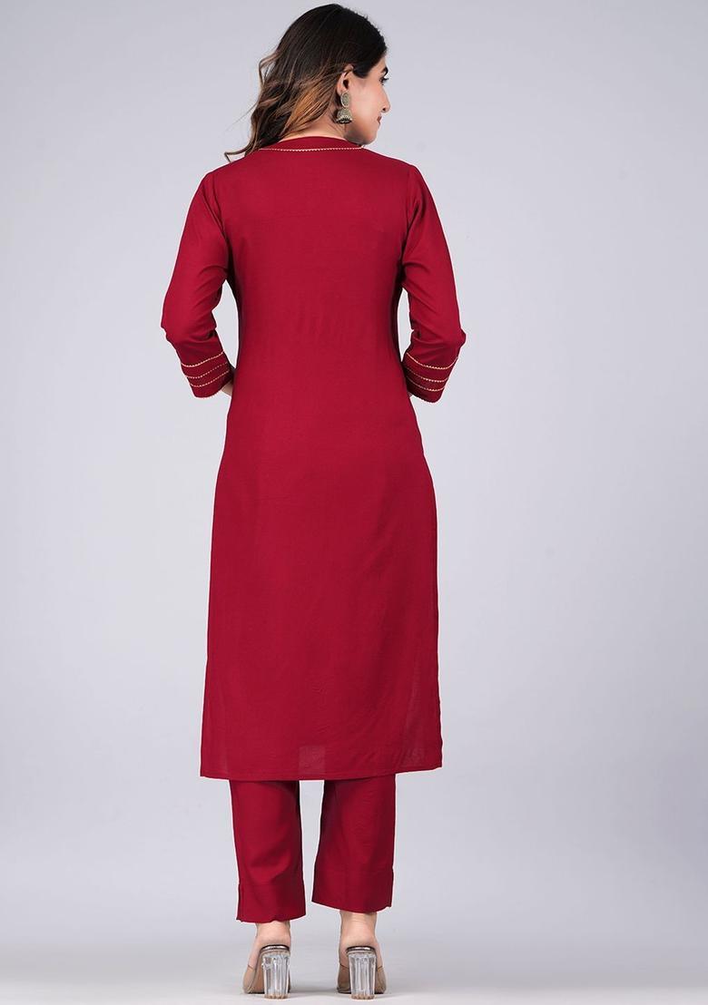 Maroon Solid Viscose Kurta Set - Indya