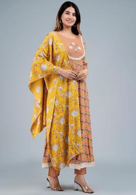 Peach Printed Viscose Kurta Set