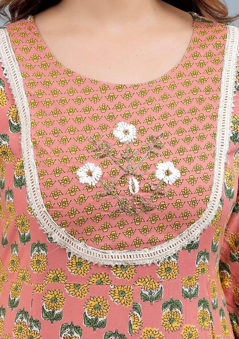 Peach Printed Viscose Kurta Set - Indya