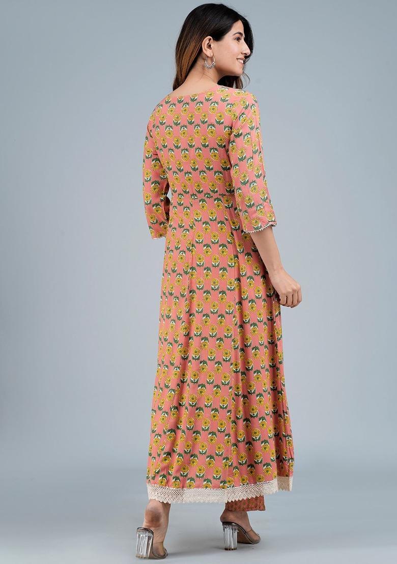 Peach Printed Viscose Kurta Set - Indya