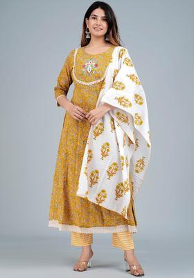 Mustard Printed Viscose Kurta Set