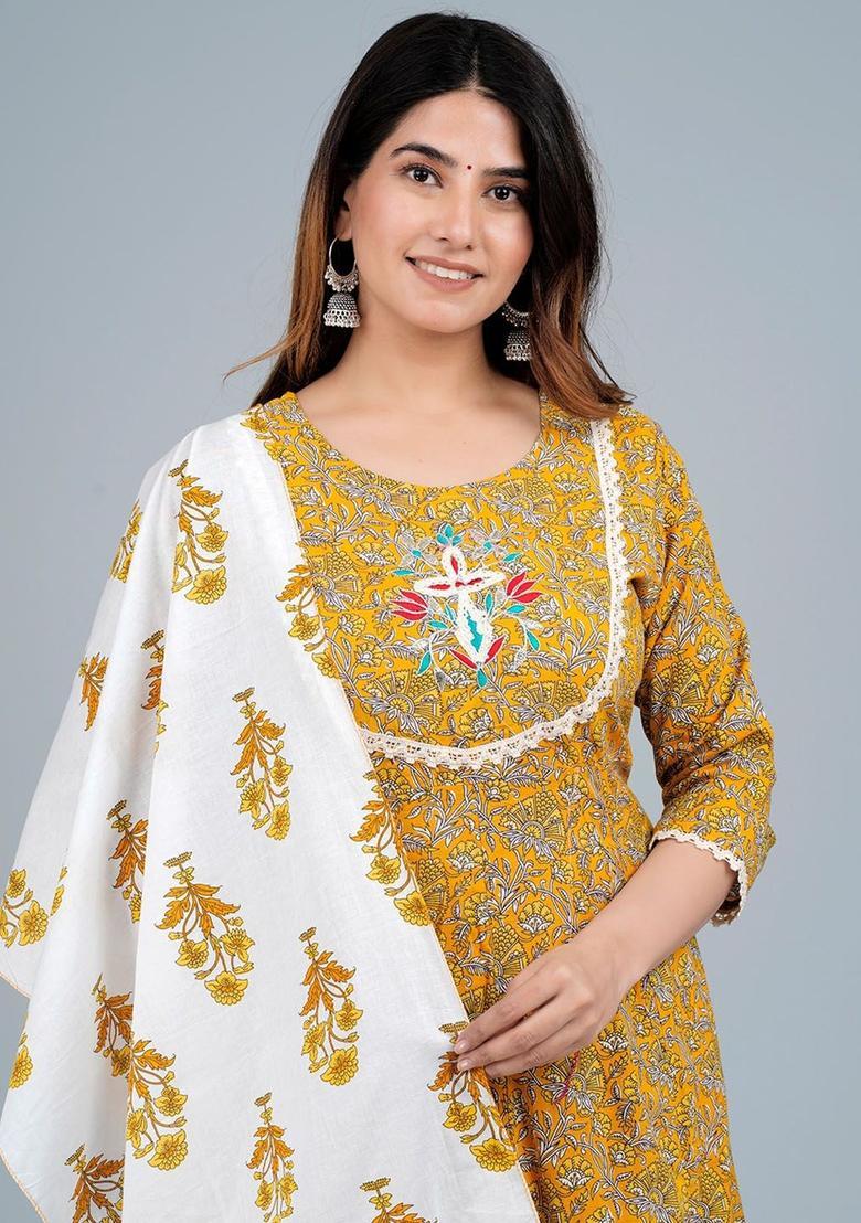Mustard Printed Viscose Kurta Set - Indya