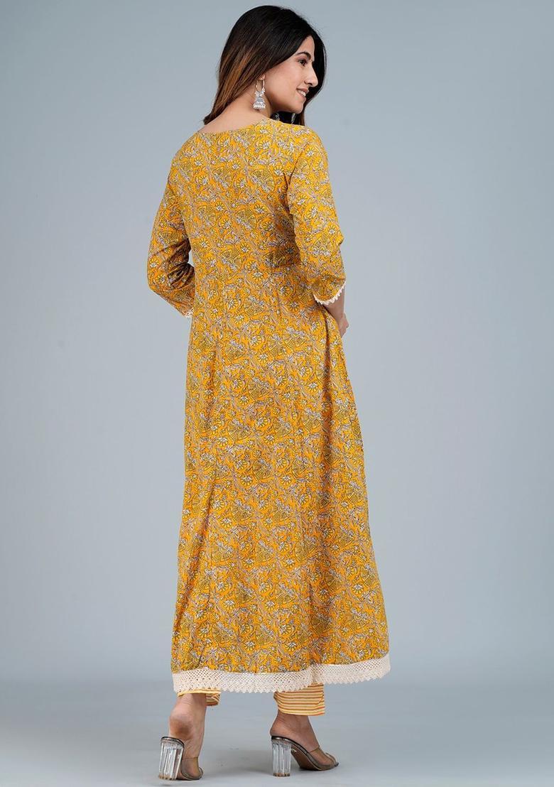 Mustard Printed Viscose Kurta Set - Indya