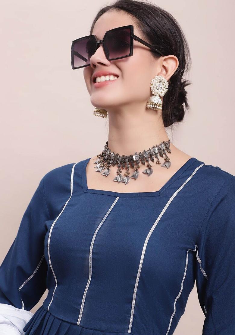 Navy Blue Solid Viscose Kurta Set - Indya
