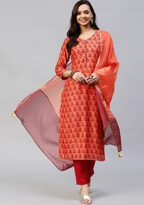 Orange Printed Cotton Kurta Set